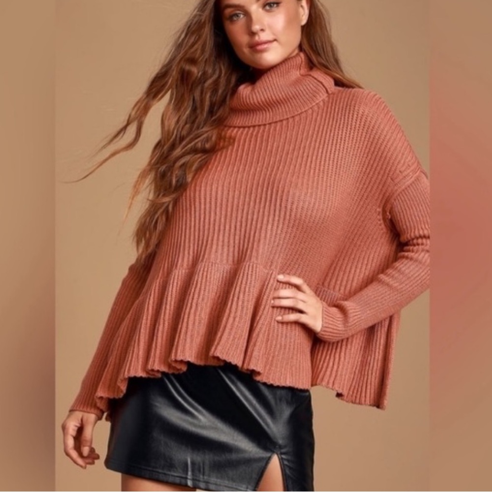 Free People Layer Cake Cowl Neck Peplum Rusty Rose Terracotta Knit Sweater - Picture 2 of 12